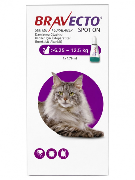 Бравекто SPOT ON капли от блох и клещей для кошек весом 6,25-12,5 кг, 500 мг, 1 пипетка*1,79 мл