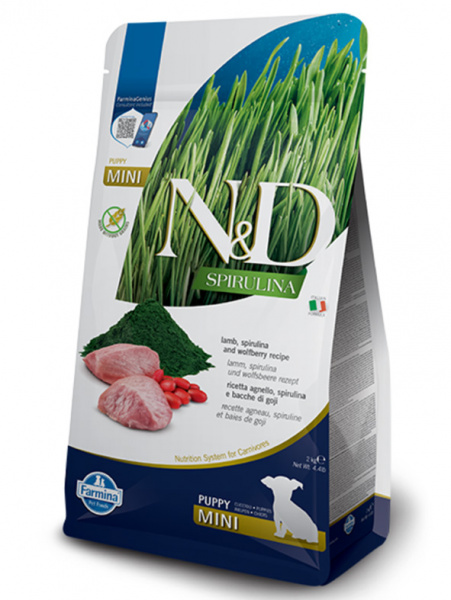 Farmina N&D Spirulina Puppy Mini сухой корм для щенков, беременных и кормящих собак мелких пород, ягненок, спирулина и ягоды годжи