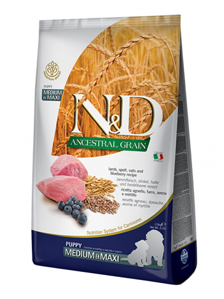 Farmina Ancestral Grain N&D Dog Puppy Medium&Maxi Для щенков средних и крупных пород, Ягненок и черника, спельта, овес