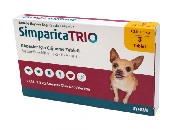 Симпарика TRIO таблетки от клещей и паразитов для собак весом от 1,2 кг до 2,5 кг
