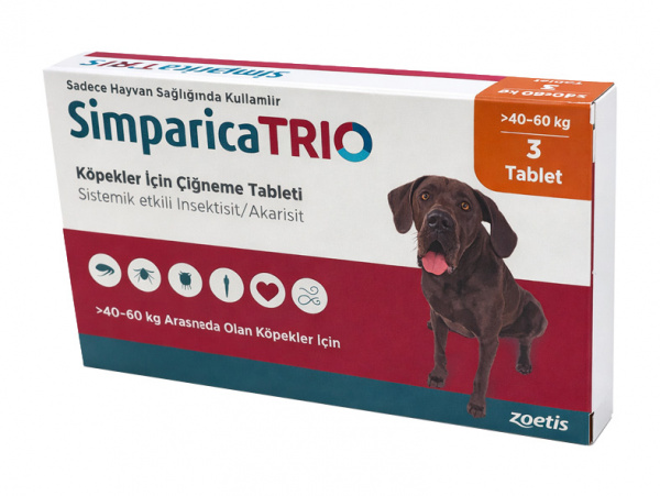 Симпарика TRIO таблетки от клещей и паразитов для собак весом от 40 кг до 60 кг