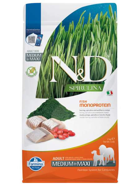 Farmina N&D Spirulina Dog Adult Medium&Maxi сухой корм для взрослых собак средних и крупных пород, сельдь, спирулина и ягоды годжи