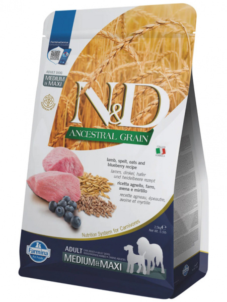 Farmina Ancestral Grain N&D Dog Adult Medium&Maxi Для средних и крупных пород, Ягненок, черника, спельта и овес