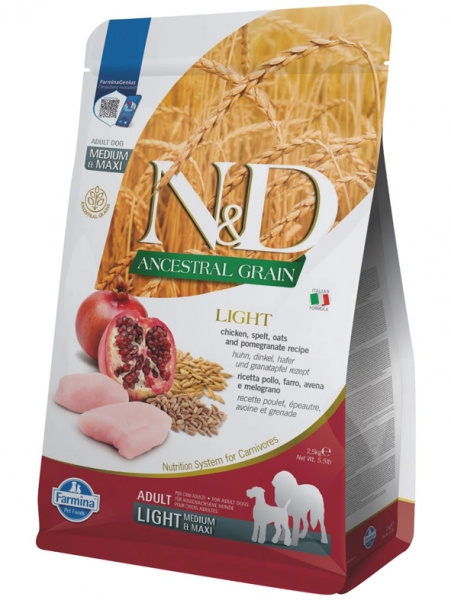 Farmina Ancestral Grain N&D Dog Adult Medium&Maxi Light Для средних и крупных пород, Курица, гранат, спельта и овес