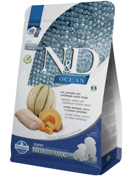 Farmina Ocean N&D Dog Puppy Medium&Maxi Grain-Free Для щенков средних и крупных пород, Треска, тыква и дыня