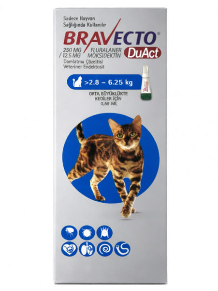 Бравекто DuAct капли от блох, клещей, гельминтов для кошек весом 2,8-6,25 кг, 250 мг, 1 пипетка*0,89 мл