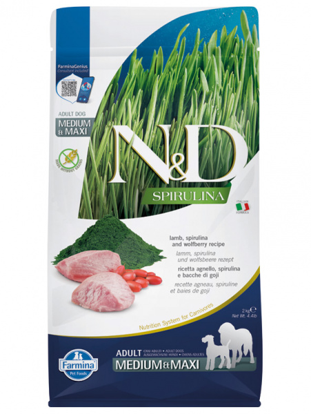 Farmina N&D Spirulina Dog Adult Medium&Maxi сухой корм для взрослых собак средних и крупных пород, ягненок, спирулина и ягоды годжи