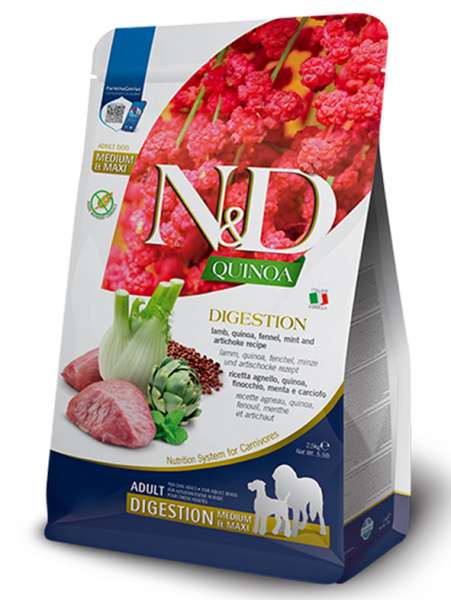 Farmina N&D Quinoa Dog GF Digestion Medium&Maxi сухой корм для взрослых собак средних и крупных пород, при проблемах с ЖКТ, ягненок с киноа