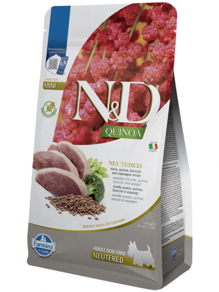 Farmina Quinoa N&D Dog Adult Mini Neutered Для стерилизованных собак маленьких пород, Утка с брокколи