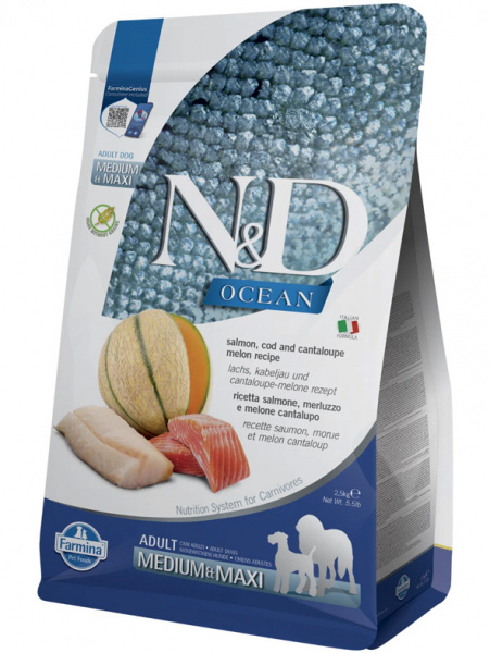 Farmina Ocean N&D Dog Adult Medium&Maxi Grain-Free Для средних и крупных пород, Лосось, треска и дыня