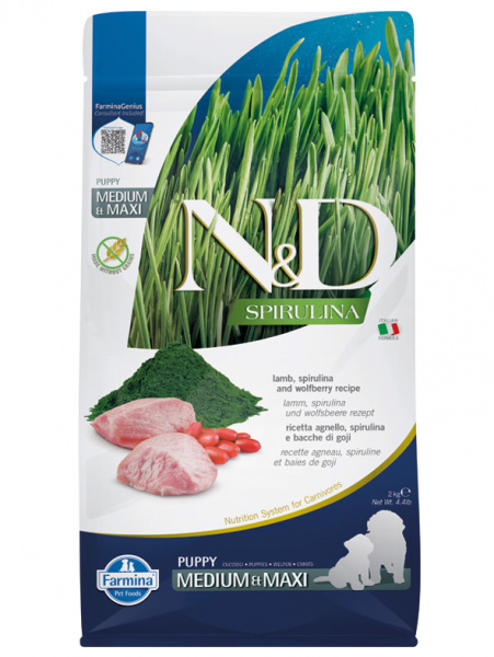 Farmina N&D Spirulina Puppy Medium&Maxi сухой корм для щенков, беременных и кормящих собак средних и крупных пород, ягненок, спирулина и ягоды годжи