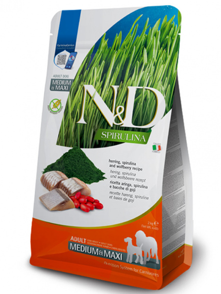 Farmina N&D Spirulina Dog Adult Medium&Maxi сухой корм для взрослых собак средних и крупных пород, сельдь, спирулина и ягоды годжи