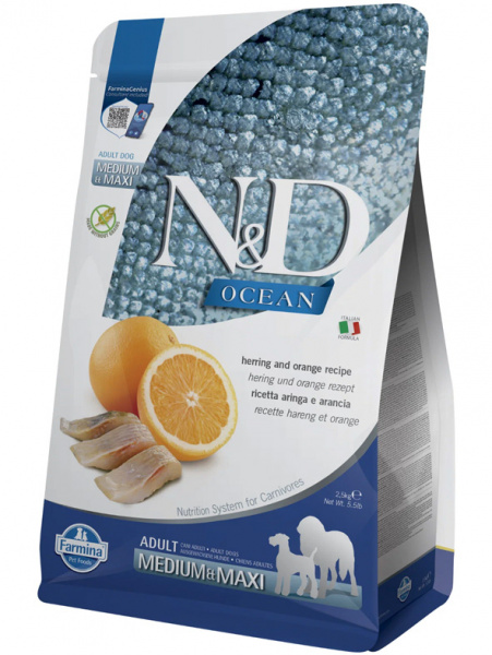 Farmina Ocean N&D Dog Adult Medium&Maxi Grain-Free Для средних и крупных пород, Сельдь и Апельсин