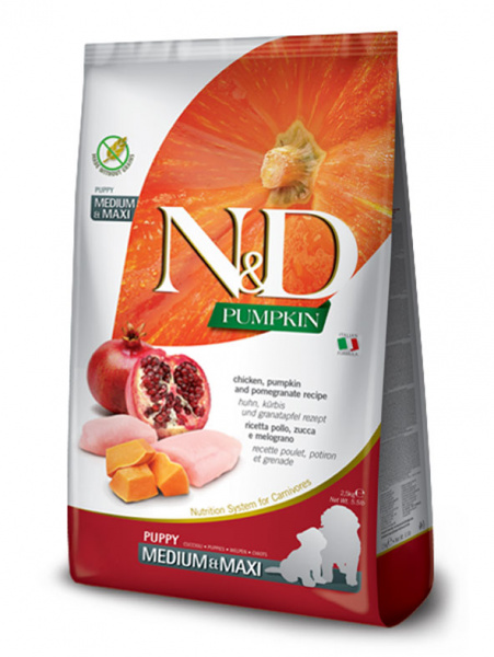 Farmina Pumpkin N&D Dog Puppy Medium&Maxi Для щенков средних и крупных пород, Курица, тыква, гранат