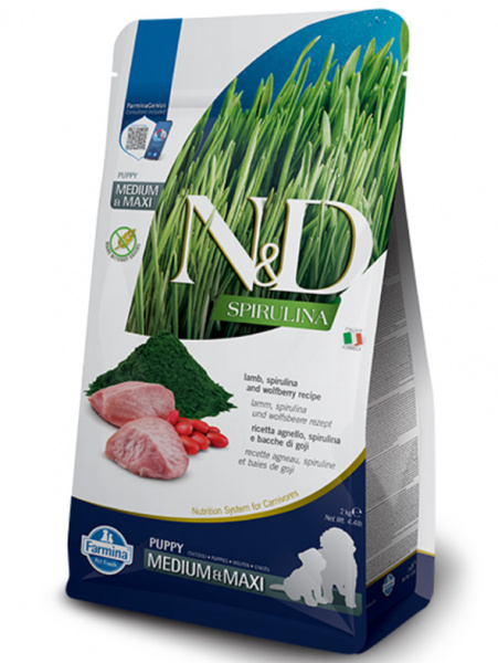Farmina N&D Spirulina Puppy Medium&Maxi сухой корм для щенков, беременных и кормящих собак средних и крупных пород, ягненок, спирулина и ягоды годжи