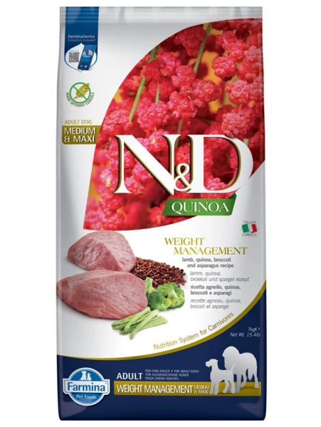 Farmina N&D Quinoa Dog GF Weight Management Medium&Maxi сухой корм для взрослых собак средних и крупных пород, контроль веса, беззерновой, ягненок с киноа