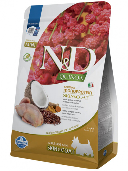 Farmina Quinoa N&D Dog Mini Grain Free Quinoa Skin&Coat Quail Для маленьких пород, Перепел с киноа