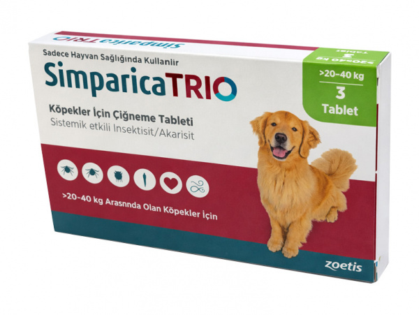 Симпарика TRIO таблетки от клещей и паразитов для собак весом от 20 кг до 40 кг