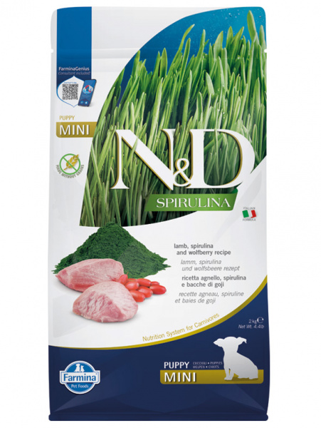 Farmina N&D Spirulina Puppy Mini сухой корм для щенков, беременных и кормящих собак мелких пород, ягненок, спирулина и ягоды годжи