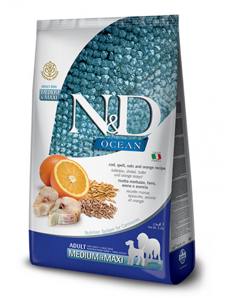 Farmina Ocean N&D Dog Adult Medium&Maxi Grain-Free Для средних и крупных пород, Треска, апельсин, спельта и овес