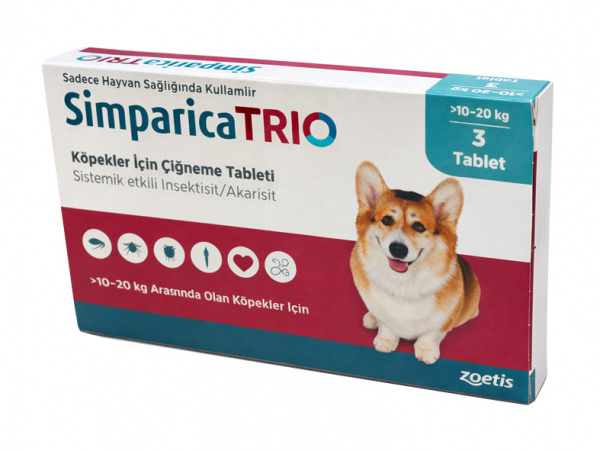 Симпарика TRIO таблетки от клещей и паразитов для собак весом от 10 кг до 20 кг