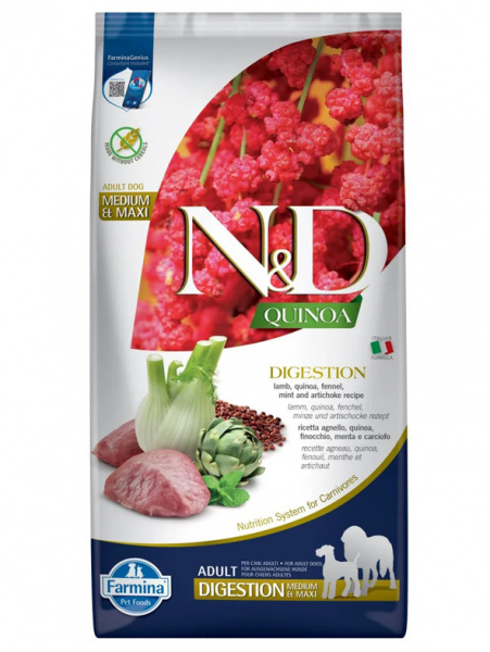 Farmina N&D Quinoa Dog GF Digestion Medium&Maxi сухой корм для взрослых собак средних и крупных пород, при проблемах с ЖКТ, ягненок с киноа