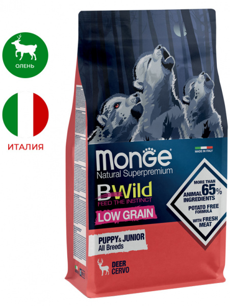 Monge Dog BWild Low Grain Puppy&Junior, низкозерновой, мясо оленя