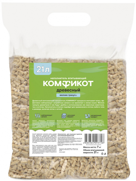 КОМФИКОТ Наполнитель древесный впитывающий, мелкие гранулы, 21 л (7кг)