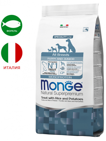 Monge Dog Speciality Line Puppy&Junior Trout, форель с рисом и картофелем