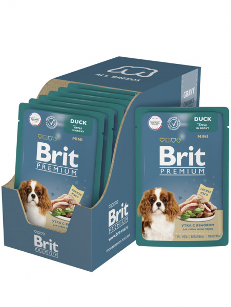 Brit Premium Mini Adult влажный корм для взрослых собак мелких пород, паучи, утка с яблоком в соусе