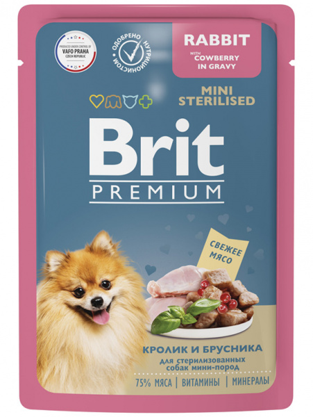 Brit Premium Mini Sterilised влажный корм для стерилизованных собак мелких пород, паучи, кролик с брусникой в соусе