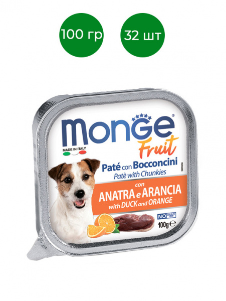Monge Dog Fruit влажный корм для собак, мясные кусочки в паштете, утка с апельсином
