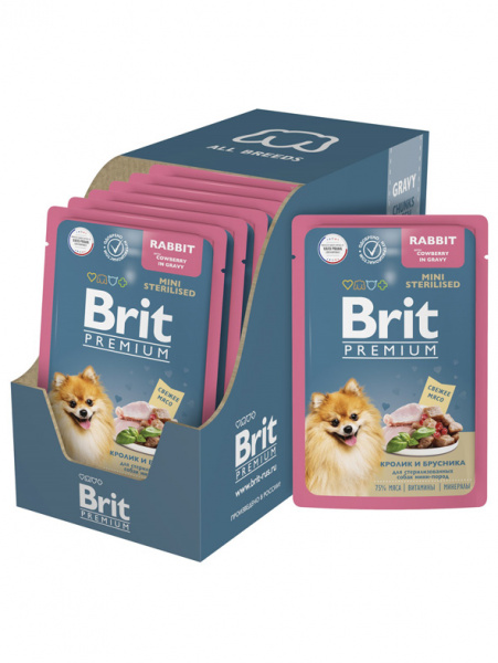Brit Premium Mini Sterilised влажный корм для стерилизованных собак мелких пород, паучи, кролик с брусникой в соусе