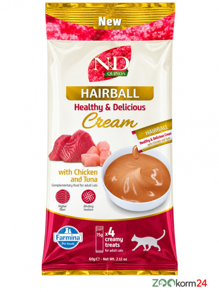 Farmina N&D Quinoa Cat Cream Выведение шерсти Крем-суп для кошек с курицей и тунцом, 60гр