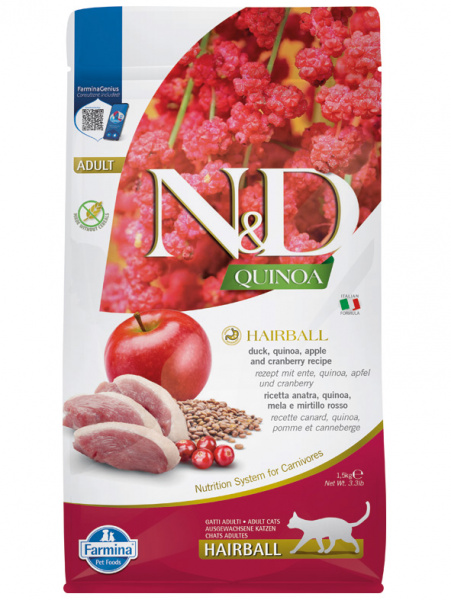 Farmina N&D Quinoa Cat Grain Free Hairball сухой беззерновой корм для кошек, для выведения волосяных комочков, утка, киноа, яблоко и клюква
