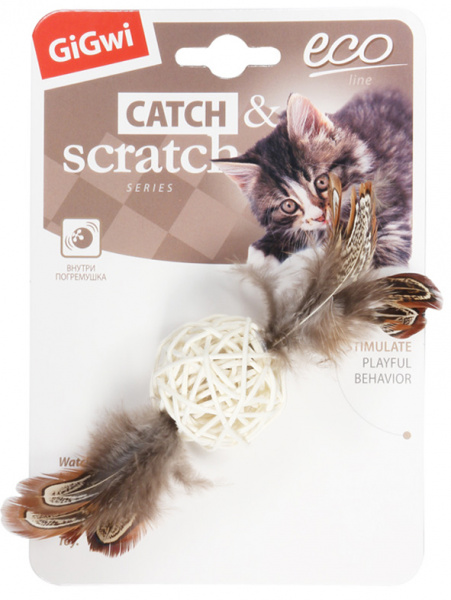 GiGwi CATCH&SCRATCH ECO игрушка для кошек Плетёный мячик с колокольчиком и перьями 4,5/13см