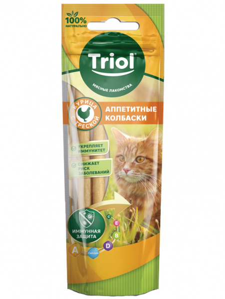 Triol Аппетитные колбаски из курицы с треской лакомство для кошек, 40гр