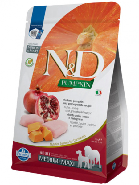 Farmina Pumpkin N&D Dog Adult Medium&Maxi Для средних и крупных пород, Курица, тыква, гранат