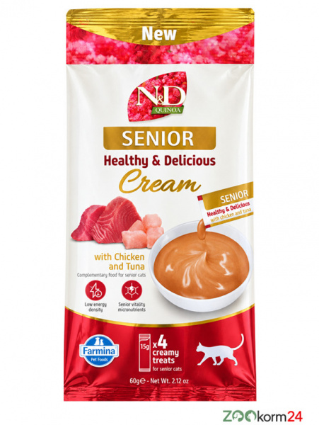 Farmina N&D Quinoa Cat Cream Senior Крем-суп для пожилых кошек старше 7 лет с курицей и тунцом, 60гр