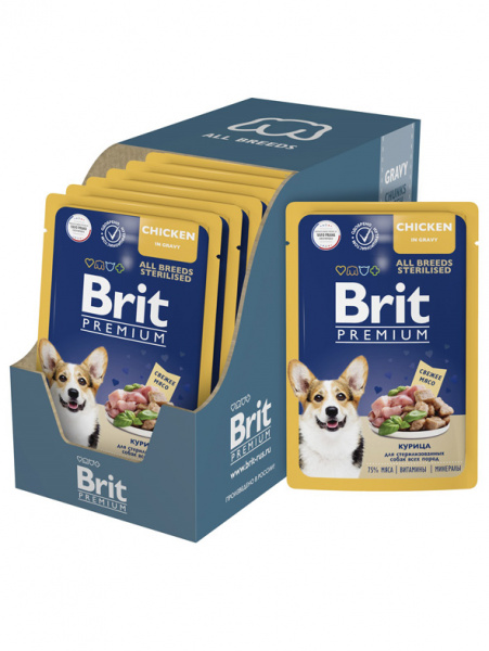 Brit Premium Adult влажный корм для взрослых стерилизованных собак, паучи, курица в соусе