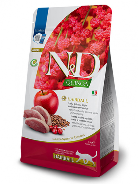 Farmina N&D Quinoa Cat Grain Free Hairball сухой беззерновой корм для кошек, для выведения волосяных комочков, утка, киноа, яблоко и клюква
