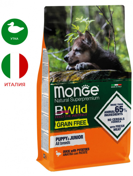 Monge Dog BWild Grain Free Puppy&Junior, беззерновой, утка с картофелем