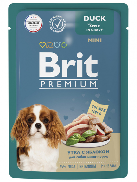 Brit Premium Mini Adult влажный корм для взрослых собак мелких пород, паучи, утка с яблоком в соусе